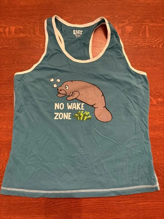 “No Wake Zone” Teal Manatee Tank with White Trim - Picture 4 of 4